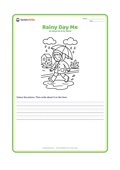Worksheet: A child in a raincoat and boots holds an umbrella while stepping over a puddle on an Indian neighbourhood lane. Include a small house, leafy plants and monsoon clouds.