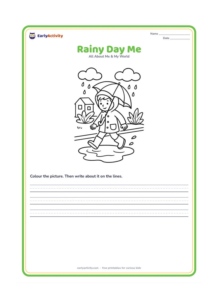 Worksheet: A child in a raincoat and boots holds an umbrella while stepping over a puddle on an Indian neighbourhood lane. Include a small house, leafy plants and monsoon clouds.