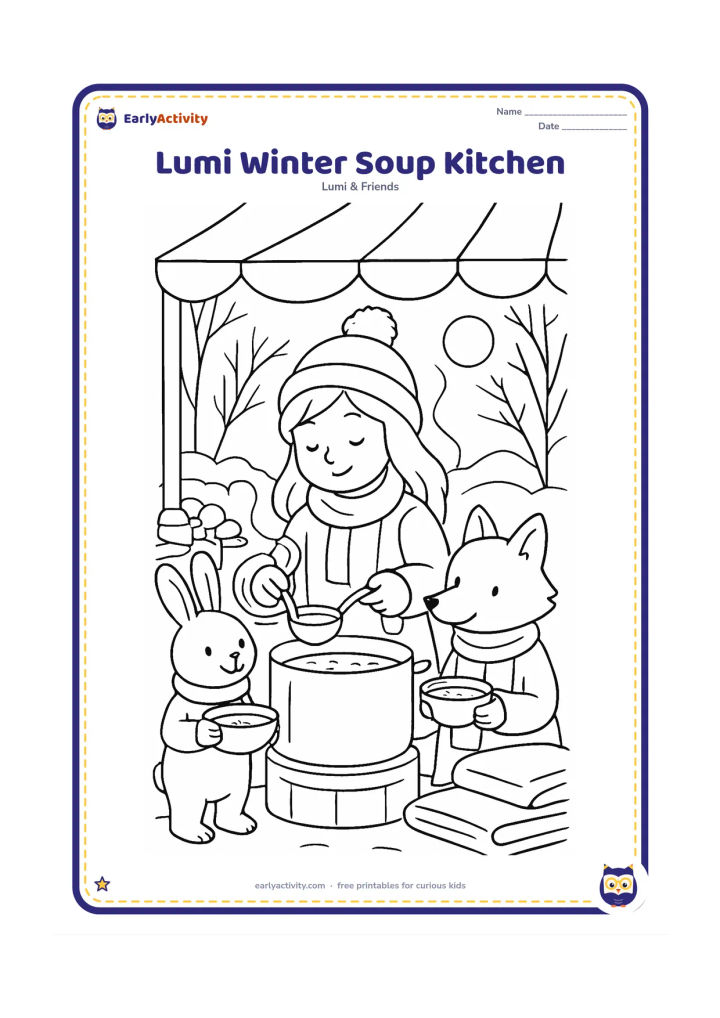 Colouring page: Lumi serves warm vegetable soup from a large pot at a friendly winter outdoor gathering, with two animal friends holding bowls. Add a canopy, stacked firewood, steam, blankets, bare…