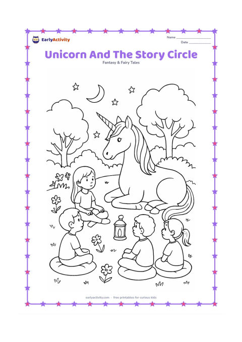 Colouring page: Draw one seated unicorn beside a group of children listening in a garden story circle, with floor cushions, a small lantern, trees, flowers, and stars appearing in the evening sky. Keep…