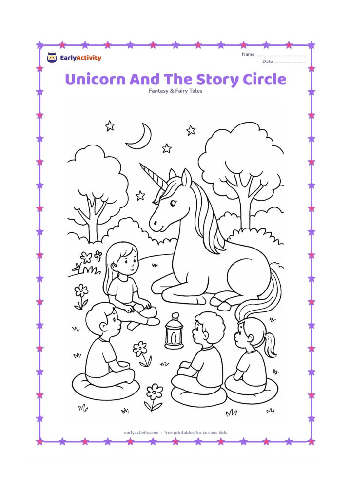 Colouring page: Draw one seated unicorn beside a group of children listening in a garden story circle, with floor cushions, a small lantern, trees, flowers, and stars appearing in the evening sky. Keep…
