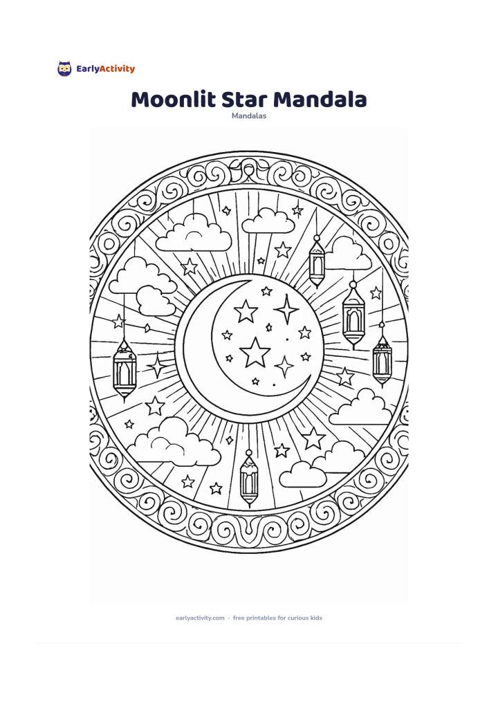 Colouring page: Create a peaceful circular night mandala with a crescent moon at the centre, surrounded by stars, clouds, hanging lantern shapes, gentle rays, and repeating sky borders. Keep the mood…