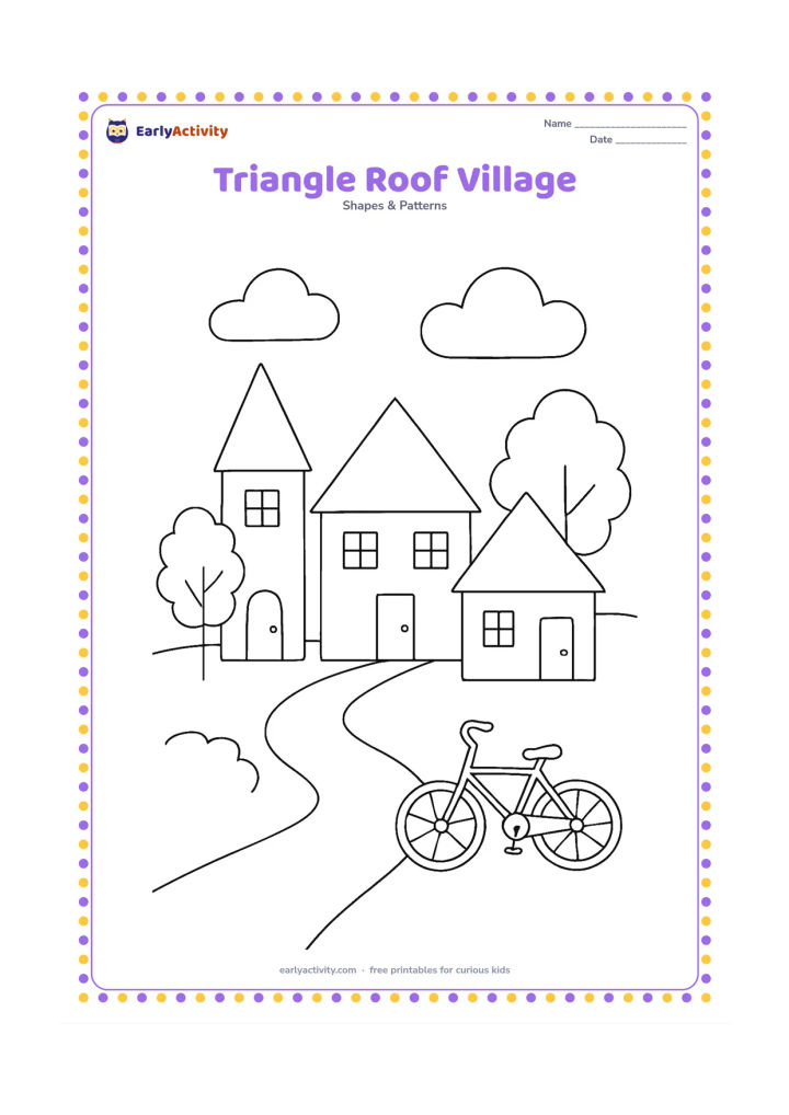 Colouring page: A village scene has three houses with triangular roofs of different shapes: one tall, one wide, and one with two equal sloping sides. Add a path, trees, and a bicycle.