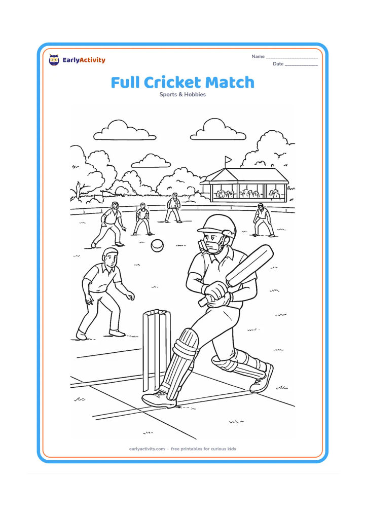 Colouring page: A detailed wide cricket-ground scene showing a batter striking the ball, a bowler following through, wicketkeepers and several fielders spread around the field. Include a pitch, boundary…
