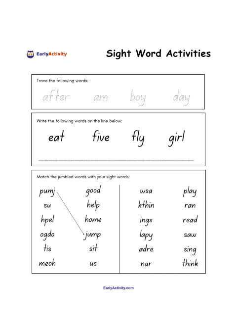 Worksheet with sight word tracing, writing lines, and a matching activity for jumbled words and sight words.