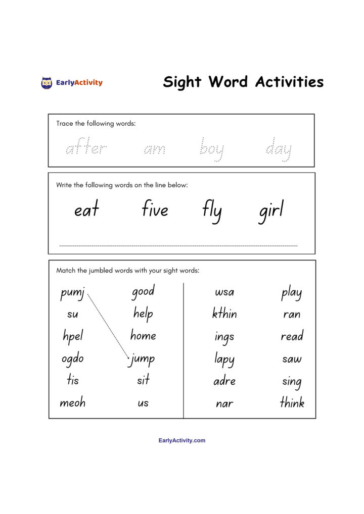 Worksheet with sight word tracing, writing lines, and a matching activity for jumbled words and sight words.
