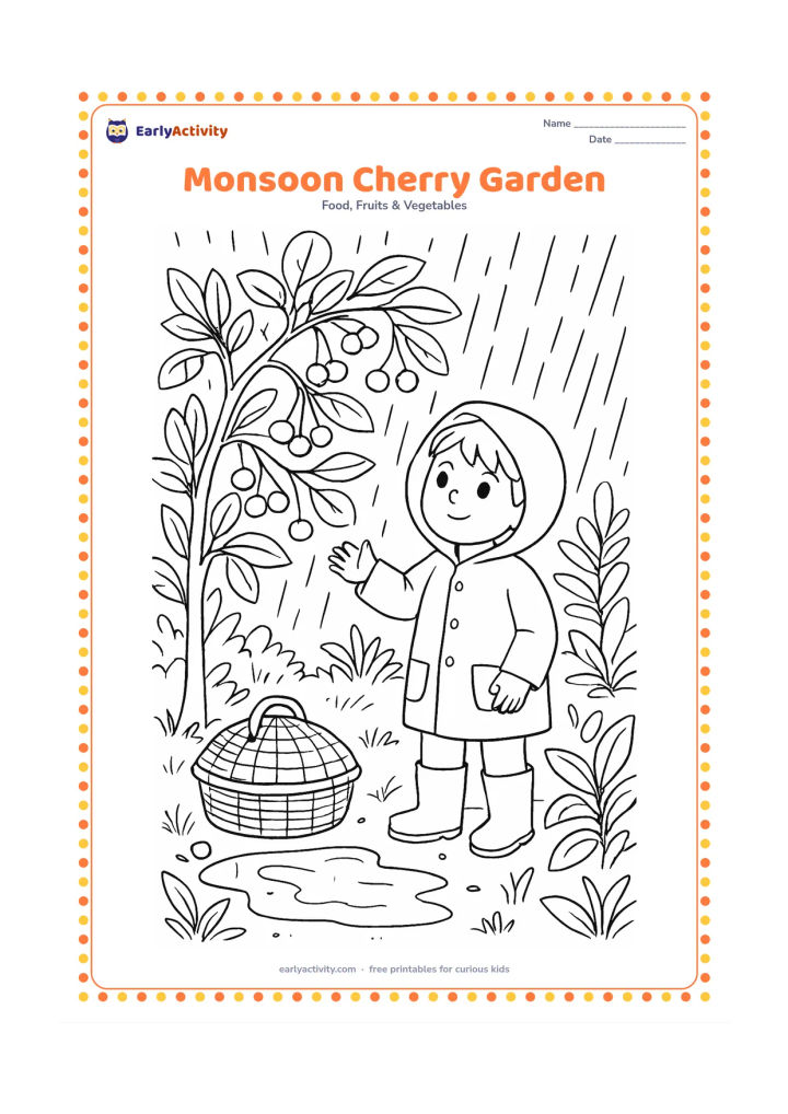 Colouring page: Draw a lush Indian garden during monsoon weather, with a cherry tree, rainwater puddles, broad leaves, a covered basket and a child wearing rain boots.