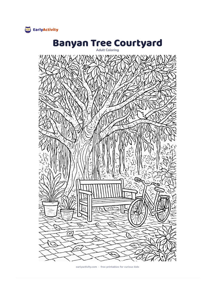Colouring page: Draw a broad banyan tree with hanging roots shading a quiet courtyard, a bench, scattered leaves, potted plants, a bicycle and a small bird perched on a branch. Include brick paving,…