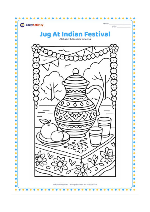 Colouring page: Draw a decorated water jug on a table at a cheerful Indian outdoor festival, surrounded by marigold garlands, fruit, cups, and patterned cloth. Show trees and simple bunting in the…