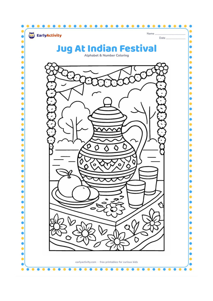 Colouring page: Draw a decorated water jug on a table at a cheerful Indian outdoor festival, surrounded by marigold garlands, fruit, cups, and patterned cloth. Show trees and simple bunting in the…