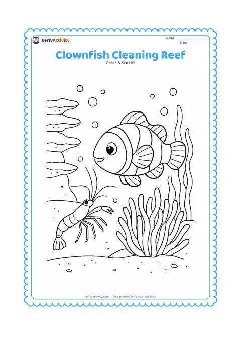 Colouring page: Draw a clownfish hovering near a small cleaner shrimp beside its anemone, with coral shelves, seaweed, bubbles, and a sandy bottom. Show the fish angled slightly so its fins and stripes…