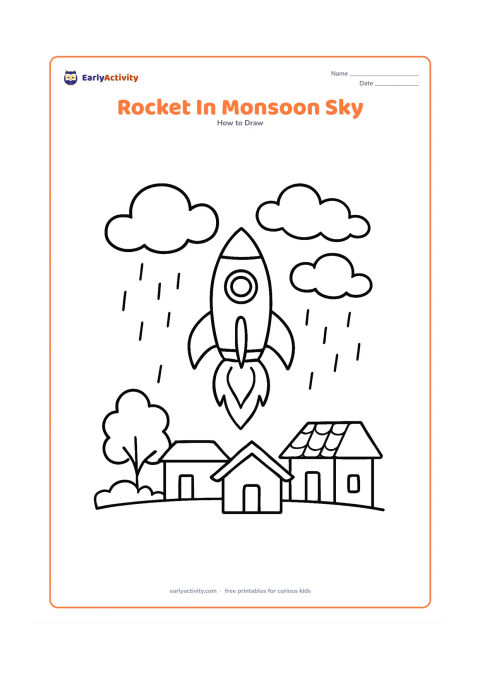 Worksheet: A rocket rises through a cloudy monsoon sky above a simple Indian village roofline, with a pointed nose, fins, round window and curved flames. Add rounded rain clouds and a few rain…