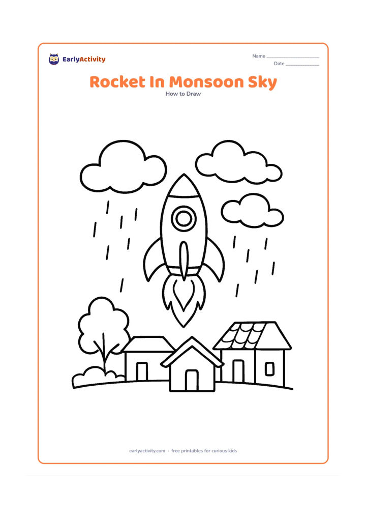 Worksheet: A rocket rises through a cloudy monsoon sky above a simple Indian village roofline, with a pointed nose, fins, round window and curved flames. Add rounded rain clouds and a few rain…
