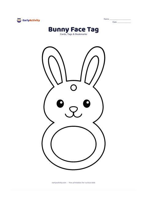 Worksheet: Draw a friendly bunny face as a gift tag, with two long ears, large circular eyes, a small nose and a wide blank oval on the tummy area for a name. Place a small hanging hole between the…