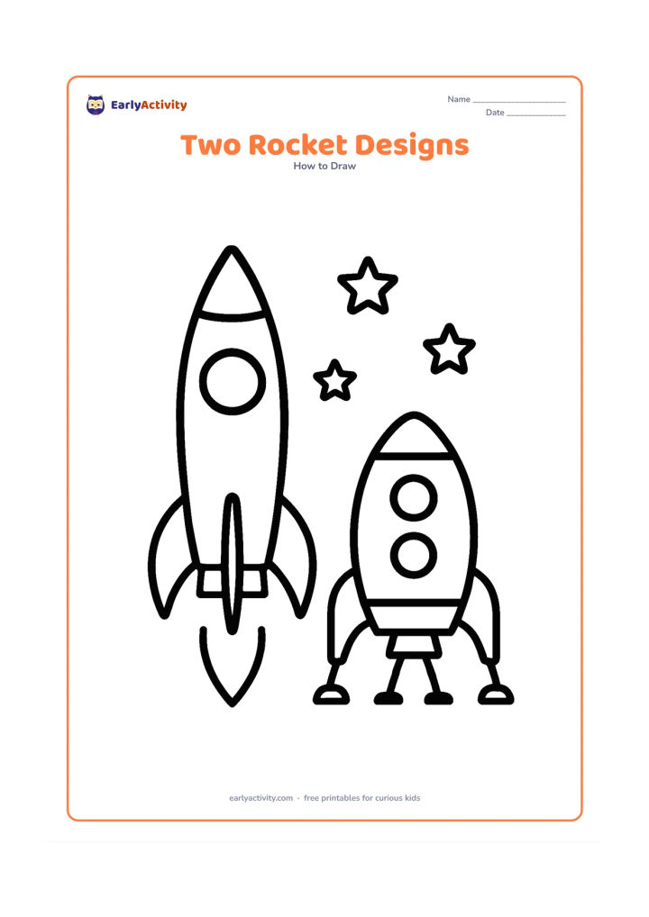 Worksheet: Show two different rockets side by side: one tall upright rocket with fins and a round window, and one shorter side-view rocket with landing legs and two windows. Add a few stars behind…