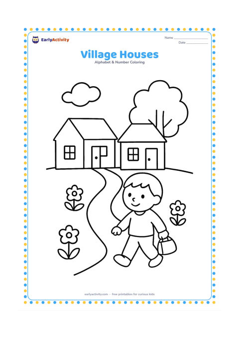 Colouring page: Draw two small village houses with plain roofs, a tree, a pathway, and a few flowers. Include a friendly child walking along the path with a small bag.
