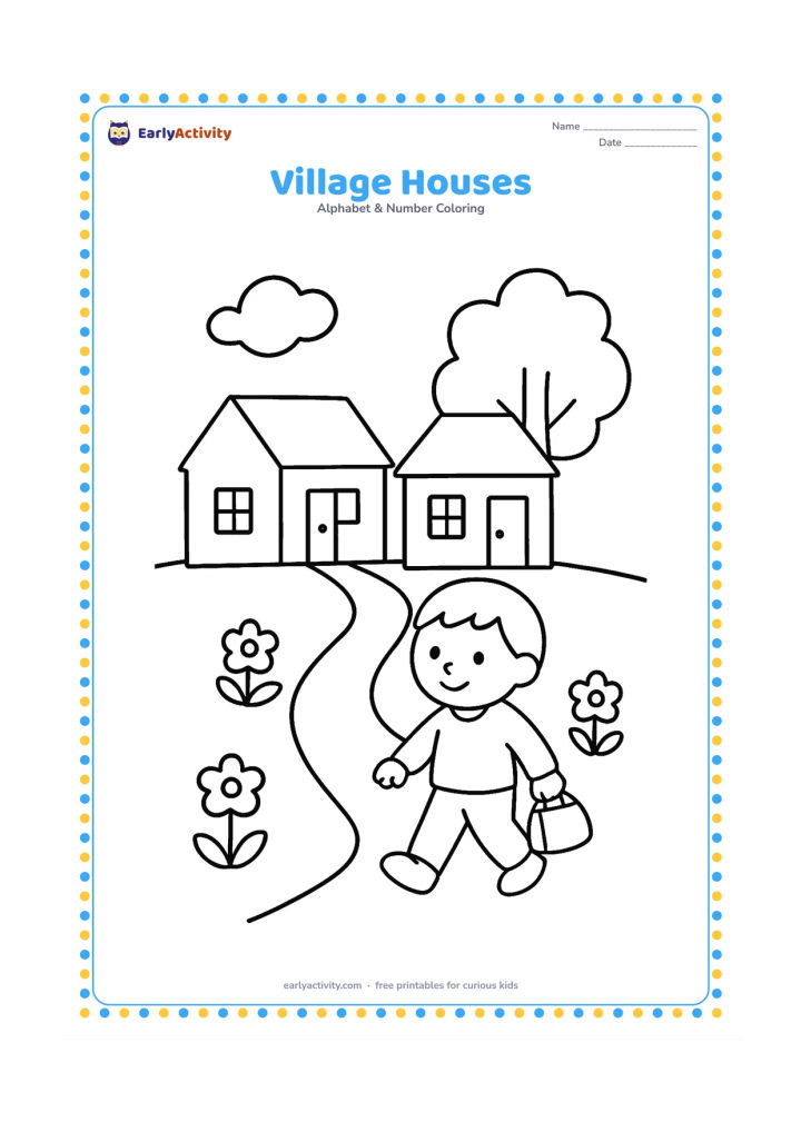 Colouring page: Draw two small village houses with plain roofs, a tree, a pathway, and a few flowers. Include a friendly child walking along the path with a small bag.