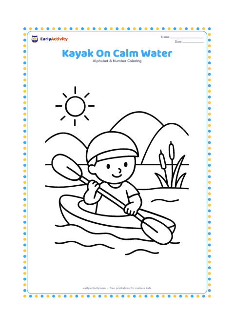 Colouring page: A child sits safely in a small kayak on calm water, holding a paddle across the boat. Add rounded hills, reeds and a bright open sky behind.