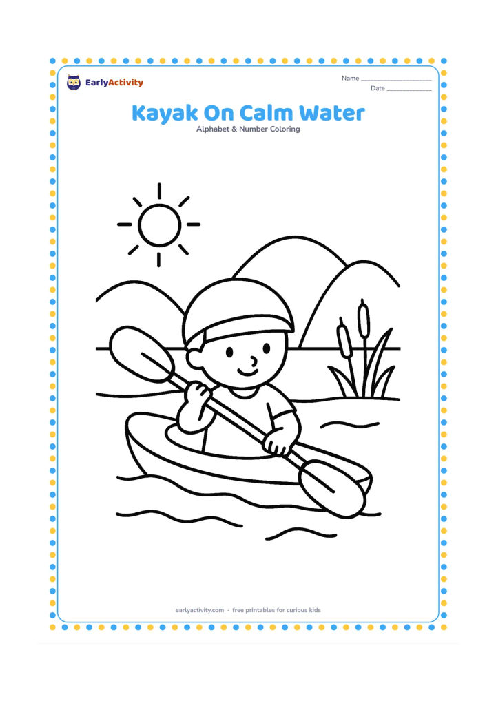 Colouring page: A child sits safely in a small kayak on calm water, holding a paddle across the boat. Add rounded hills, reeds and a bright open sky behind.