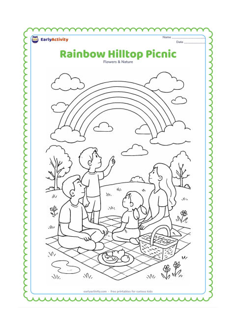 Colouring page: Draw a family picnic on a grassy hill beneath a rainbow, with a picnic cloth, basket, fruit, trees, wildflowers, puddles and clouds clearing after rain. Show different family members…
