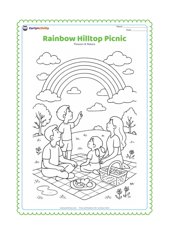 Colouring page: Draw a family picnic on a grassy hill beneath a rainbow, with a picnic cloth, basket, fruit, trees, wildflowers, puddles and clouds clearing after rain. Show different family members…