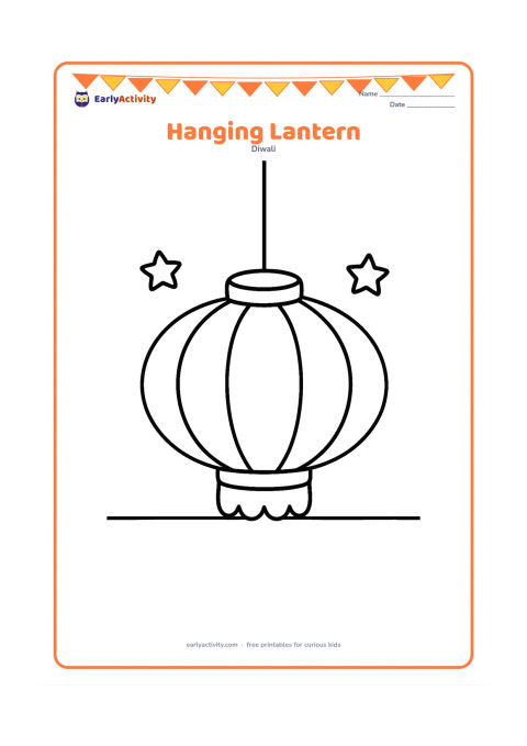 Colouring page: Draw one large festive paper lantern hanging from a short cord, with broad panels and simple scalloped edges. Add two small stars and a plain wall behind it.