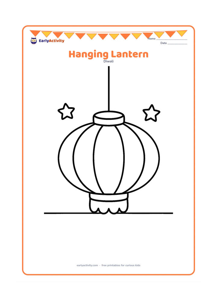 Colouring page: Draw one large festive paper lantern hanging from a short cord, with broad panels and simple scalloped edges. Add two small stars and a plain wall behind it.