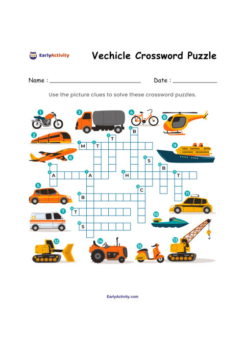 Crossword worksheet with numbered pictures of vehicles, including cars, bikes, a helicopter, boats, a bus, a tractor and construction vehicles.