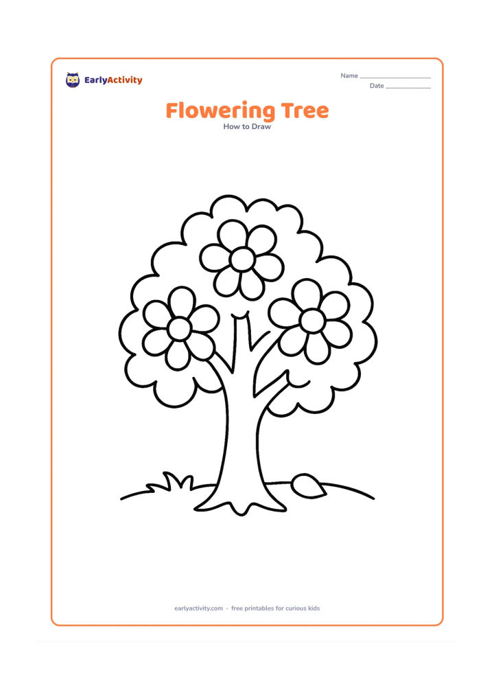 Worksheet: Show a short tree with three thick branches and large flower shapes scattered among rounded leaf groups. Add a simple grassy ground and one fallen petal near the trunk.