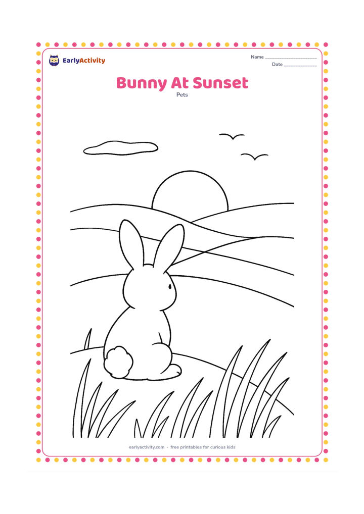 Colouring page: Draw a bunny sitting on a hill watching the setting sun over fields, with long grass in the foreground and two birds far in the sky. Use layered hills and a large round sun to show the…