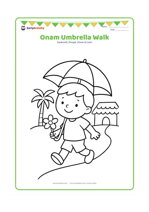 Colouring page: Draw a child walking happily beneath a plain traditional umbrella while carrying one flower. Add a Kerala house roof, a palm tree and a path.
