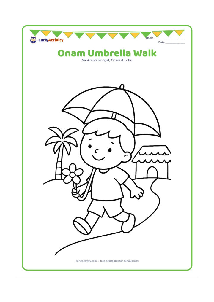 Colouring page: Draw a child walking happily beneath a plain traditional umbrella while carrying one flower. Add a Kerala house roof, a palm tree and a path.