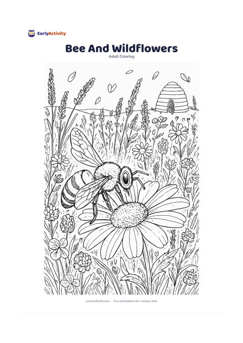 Colouring page: Draw a honeybee visiting a large wildflower among clover, lavender, daisies and tall grasses, with more blooms filling the meadow behind it. Include a simple beehive in the far…