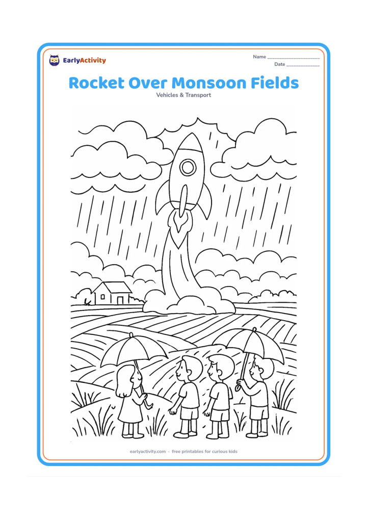 Colouring page: Draw a rocket rising above Indian rice fields during monsoon season, with layered clouds, rain curtains, a small farmhouse and children watching under umbrellas.