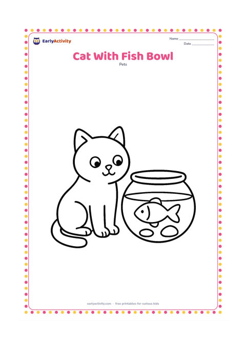 Colouring page: Draw a curious cat sitting beside a large round fish bowl containing one simple fish and two stones. The cat looks toward the bowl without touching it.