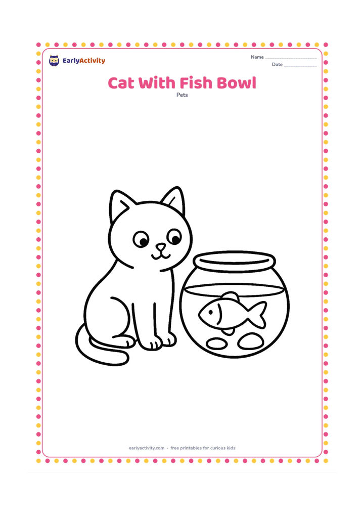 Colouring page: Draw a curious cat sitting beside a large round fish bowl containing one simple fish and two stones. The cat looks toward the bowl without touching it.
