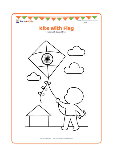 Colouring page: Draw a large diamond-shaped kite decorated with the three Indian flag bands and a central Ashoka Chakra, flying above a child who holds the spool. Add a low rooftop and two soft clouds.