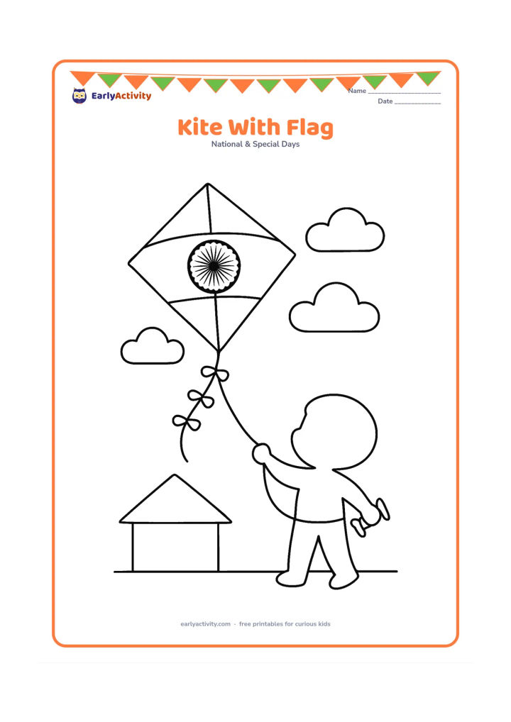 Colouring page: Draw a large diamond-shaped kite decorated with the three Indian flag bands and a central Ashoka Chakra, flying above a child who holds the spool. Add a low rooftop and two soft clouds.