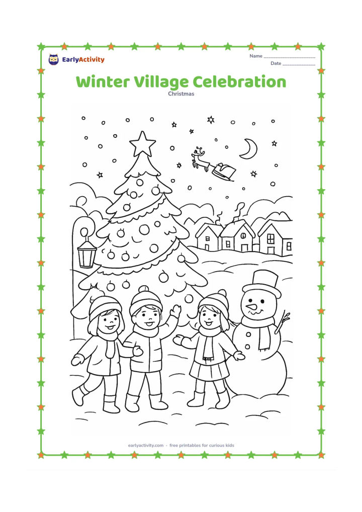 Colouring page: Draw a snowy village celebration with children in winter clothing, a decorated evergreen tree, lanterns, a snowman, small houses and a distant sleigh beneath a starry sky.