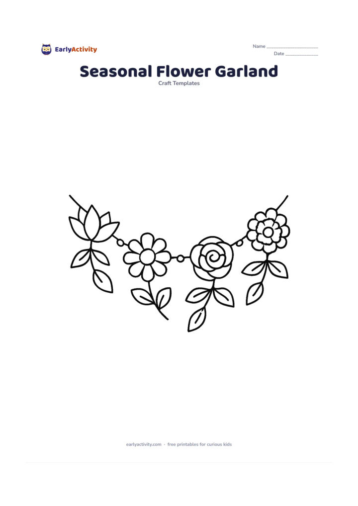 Worksheet: A curved hanging garland made from repeated lotus, daisy, rose and marigold flowers, with leaves and simple connecting strings, arranged across the page like a festive decoration. Do not…