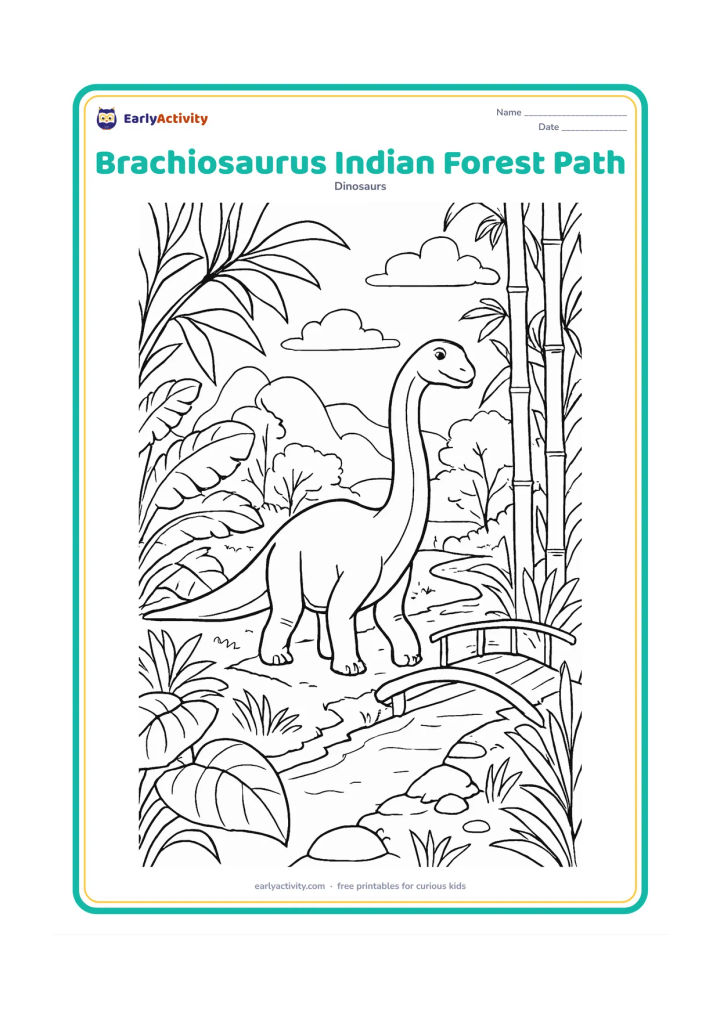Colouring page: A brachiosaurus walks along a path inspired by an Indian forest, surrounded by broad tropical leaves, bamboo-like stems, tall grasses, rocks and a simple wooden footbridge. Add distant…
