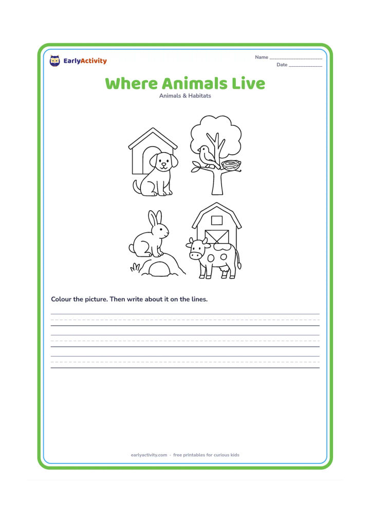 Worksheet: Place four animals near their homes: a dog beside a kennel, a bird beside a nest in a tree, a rabbit beside a burrow opening and a cow beside a shed. Keep each animal-home pair separated…