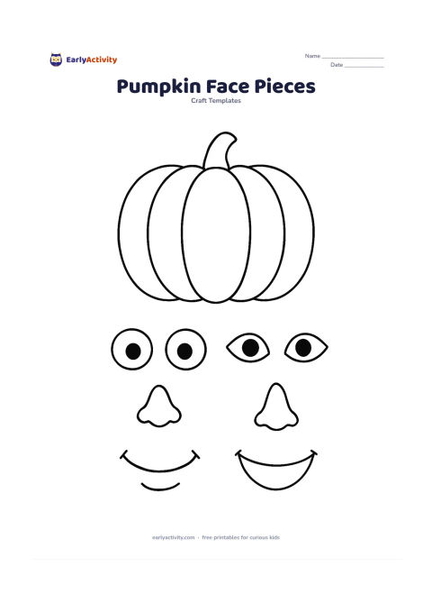 Worksheet: A pumpkin outline appears above a neat group of separate eyes, noses, and mouths in several simple shapes. Include two eye pairs, two noses, and two mouths, all large enough to cut and…