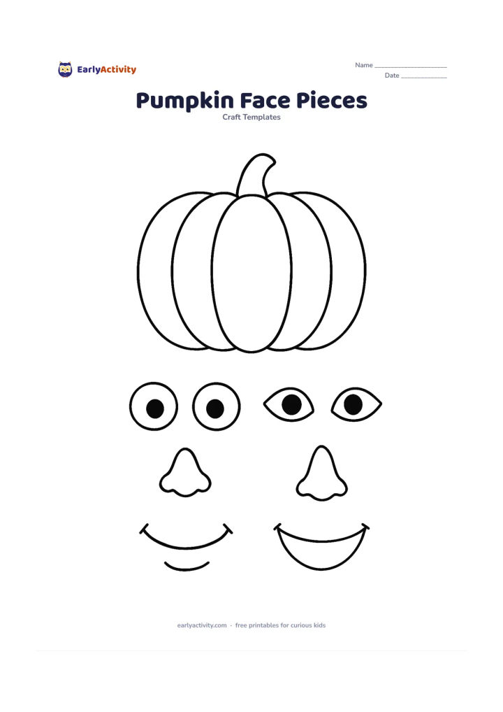 Worksheet: A pumpkin outline appears above a neat group of separate eyes, noses, and mouths in several simple shapes. Include two eye pairs, two noses, and two mouths, all large enough to cut and…