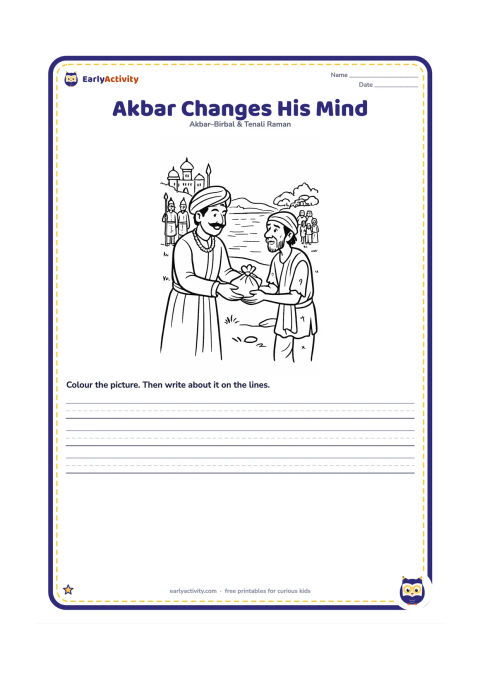 Worksheet: Show Akbar returning the reward to the poor man beside the lake while Birbal stands nearby with a satisfied but respectful expression. Palace guards and village families watch from a…