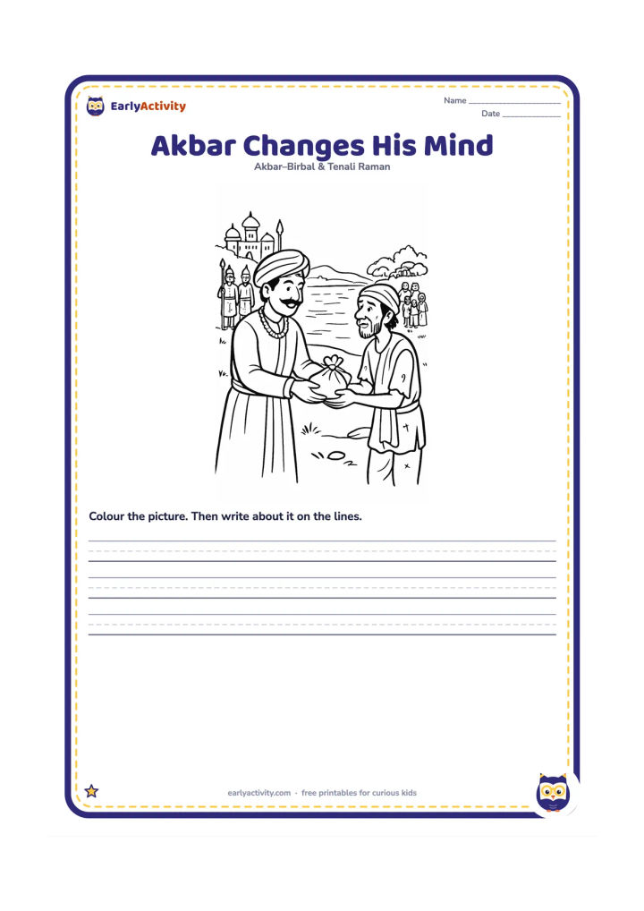 Worksheet: Show Akbar returning the reward to the poor man beside the lake while Birbal stands nearby with a satisfied but respectful expression. Palace guards and village families watch from a…
