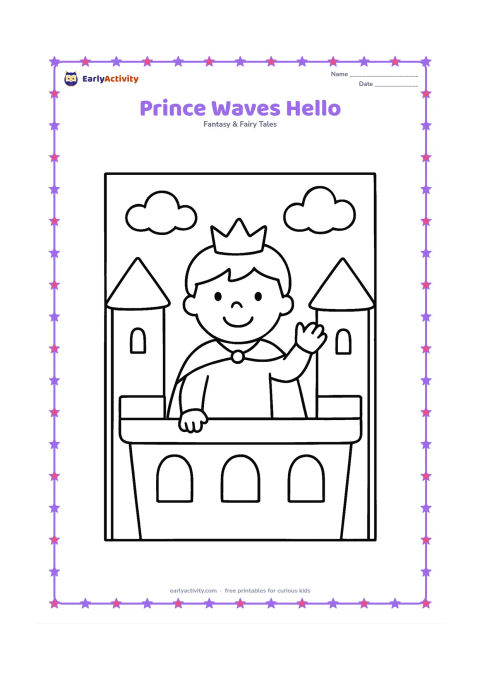 Colouring page: A smiling prince waves from a castle balcony, wearing a simple crown and cape. Show a broad balcony, two rounded towers, and a few puffy clouds.