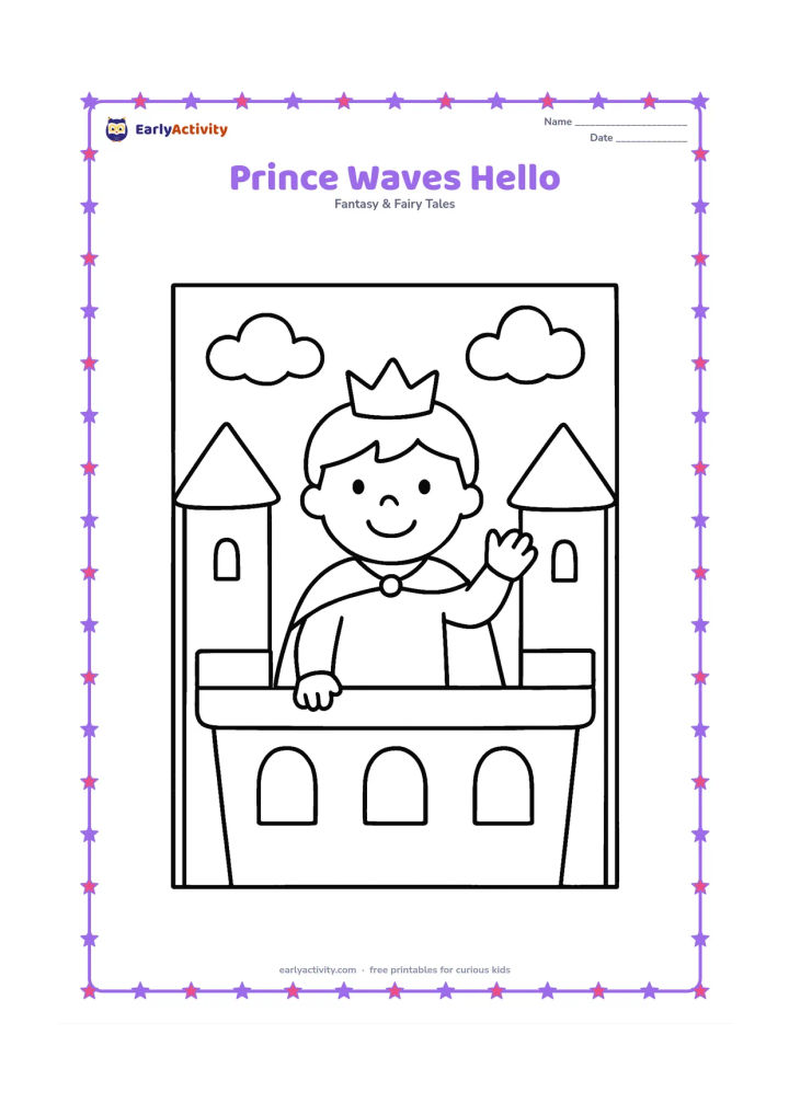 Colouring page: A smiling prince waves from a castle balcony, wearing a simple crown and cape. Show a broad balcony, two rounded towers, and a few puffy clouds.