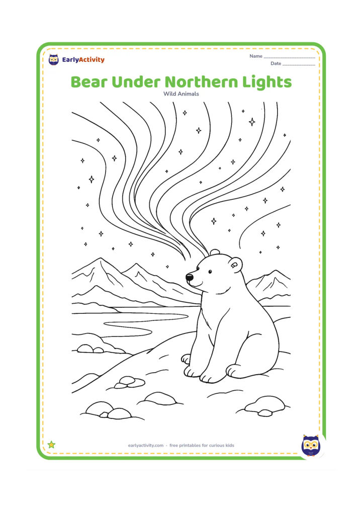 Colouring page: A polar bear sits on a snowy hill beneath sweeping northern lights, with a star-filled sky, distant mountains, a frozen lake and delicate snow-covered rocks.