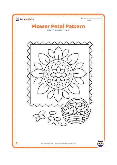 Colouring page: Create a medium rangoli made from alternating large and small flower petals, with a ring of circles and a simple diamond border. Show a shallow basket of loose petals beside the finished…